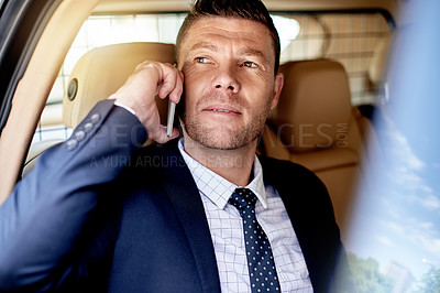 Buy stock photo Car, phone call and vision with business man in backseat for travel to job or work location. Communication, drive and thinking with employee in vehicle for private transportation as passenger