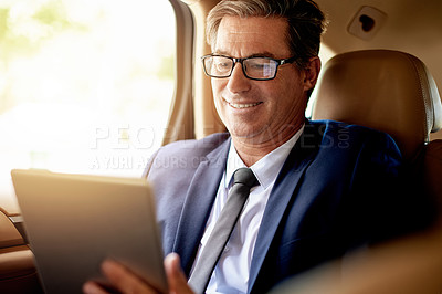 Buy stock photo Tablet, travel and businessman in car with communication, networking or email online for career. Smile, digital technology and male corporate manager with contact on app in vehicle for transport.