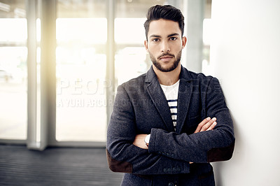 Buy stock photo Crossed arms, serious and portrait of businessman in office with confidence for finance career. Space, professional and male financial manager with pride for corporate job opportunity in workplace.