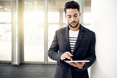 Buy stock photo Businessman, tablet and building with research for online report, company growth or finance review. Man, employee or analyst with technology, app or flare on space for business decision or investment