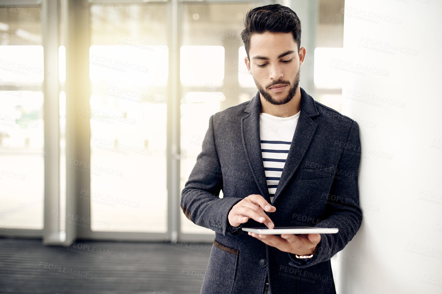 Buy stock photo Businessman, tablet and building with research for online report, company growth or finance review. Man, employee or analyst with technology, app or flare on space for business decision or investment