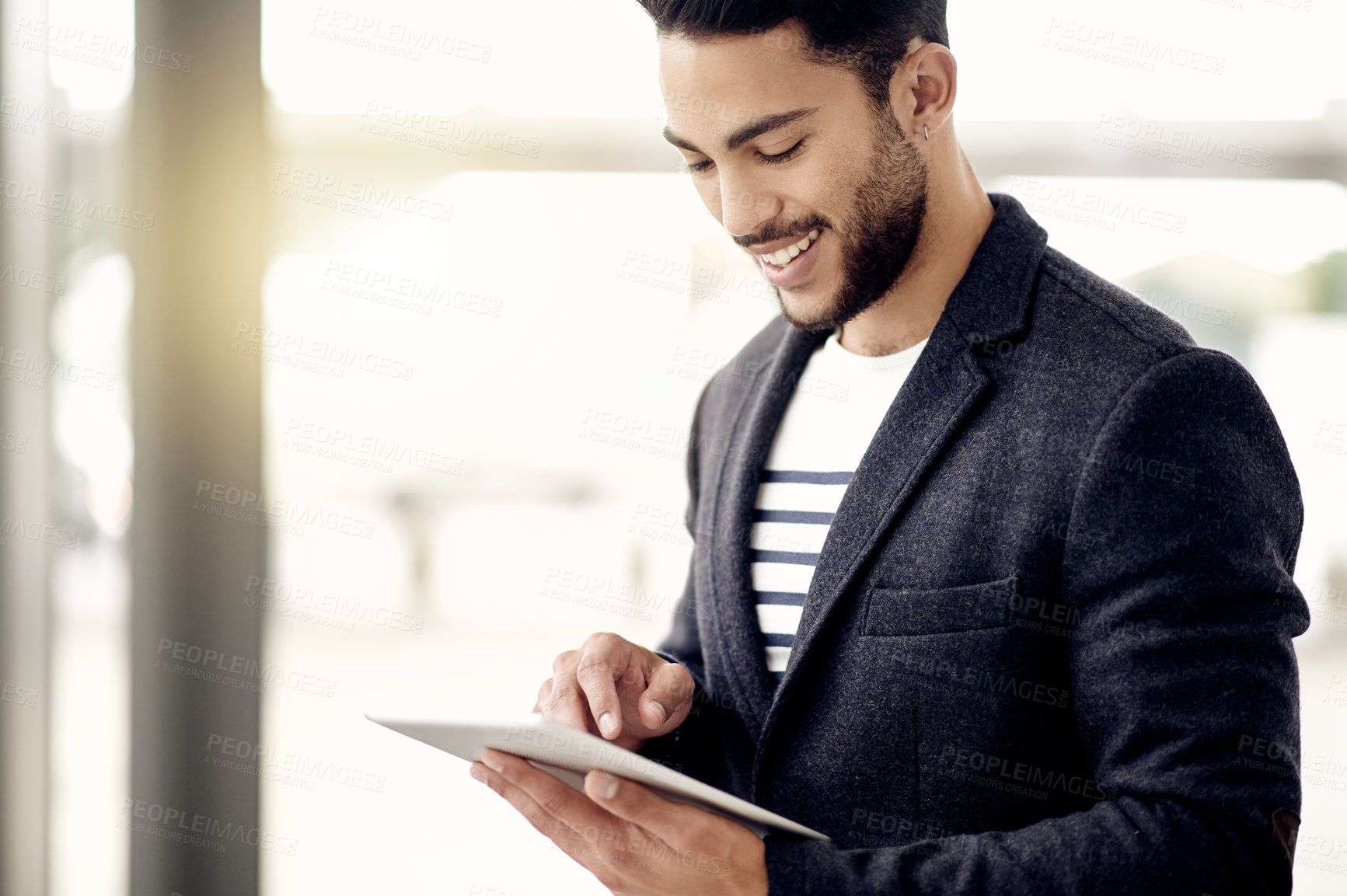 Buy stock photo Happy, research and man with tablet, office and analysis of stock market and investment opportunity. Flare, trader and person with tech for economic growth on website, space and browsing for info
