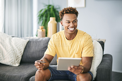 Buy stock photo Happy, man and tablet with credit card on sofa for university loan payment, banking app or debt free. Student, african person and smile with digital wallet in house for college tuition fees and bills