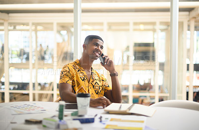 Buy stock photo Happy fashion designer, talking or phone call for creative clothing collaboration, deal or fabric price negotiation. African man, freelancer or stylist on communication technology in product sourcing
