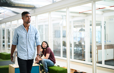 Buy stock photo Meeting, walking and business man in office for schedule, appointment or project development. Work, advertising agency and employee with books for presentation, conference or briefing with client