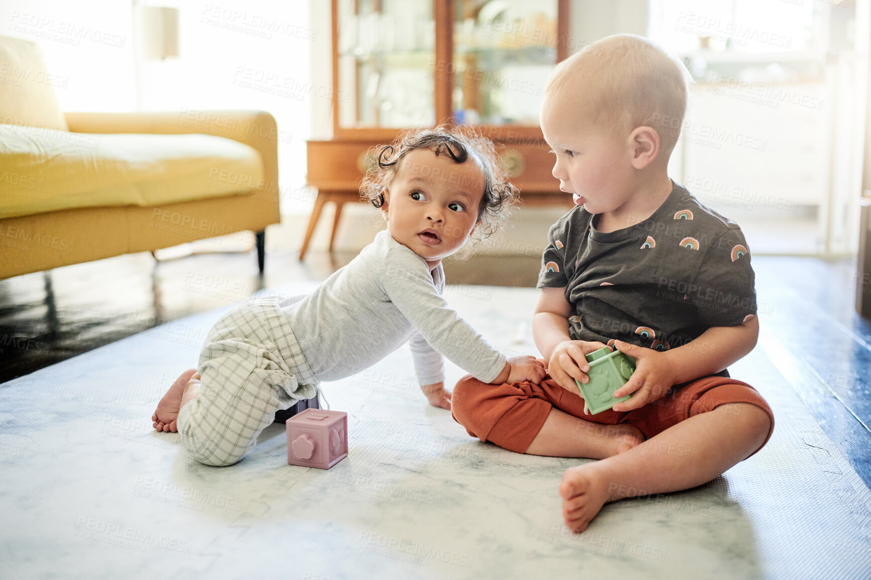 Buy stock photo Baby play, home and kids toys for mobility development and learning together in a bedroom. Nursery, toy brick and cute children friends about building blocks activity in a house on the floor