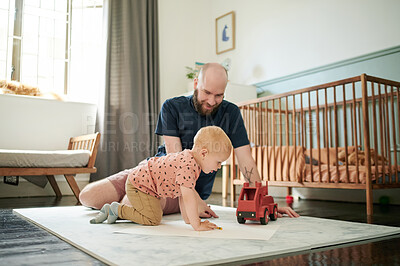 Buy stock photo Father, baby and playing with truck toy in family home or bedroom floor carpet. Man and happy boy, child or kid together to play for growth development, learning and care or quality time with parent