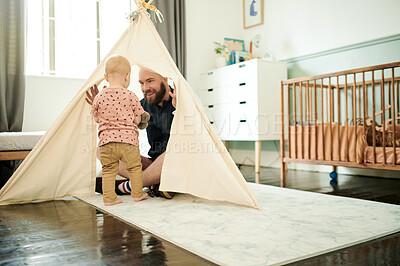 Buy stock photo Baby, dad and playing in tent in home, having fun and bonding together. Child, care and happiness of father play with infant, toddler or kid, relax and enjoying quality time in house with parent.
