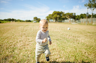 Buy stock photo Running, adventure and happy baby in field for playing, having fun and freedom in countryside. Childhood, summer and excited young boy run for games with energy, happiness and relax in outdoor park