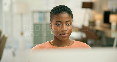 Buy stock photo Woman, computer and reading online in office or website information, communication in advertising agency. Black person, pc and thinking or project planning as research tech, email or digital connect