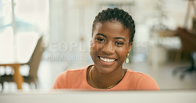 Buy stock photo Research, portrait or happy black woman with computer for web design, email or post online. Digital agency, tech startup or face of African employee with a smile or PC software typing or planning