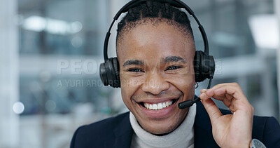 Buy stock photo Portrait, business and man with headset for call center, customer support or help for finance advice. Happy, office and black person with mic for contact us, friendly service and financial consulting