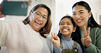Family, selfie and child with grandma in home, peace sign and laughing with senior mother in lounge. Mom, generations and Asian people with girl, happy and profile picture with grandparent in house