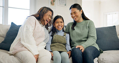 Buy stock photo Family, bonding and child with grandma in home, love and laughing with senior mother in living room. Happy mom, generations and Asian people with girl, portrait and chilling with grandparent in house