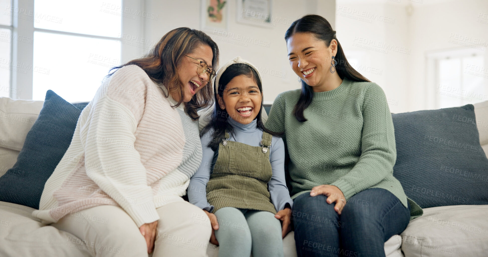 Buy stock photo Family, bonding and child with grandma in home, love and laughing with senior mother in living room. Happy mom, generations and Asian people with girl, portrait and chilling with grandparent in house