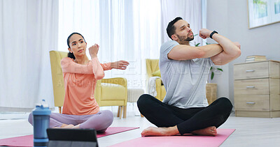Buy stock photo Couple, home and stretching with arms for workout preparation, exercise or indoor training. Active, man and woman getting ready with body warm up on yoga mat for fitness, health or wellness in house