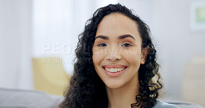 Buy stock photo Portrait, relax and woman with smile in home for break, rest and chill for me time on weekend. Happy, house and female person with calm, wellness and peaceful for good mood, positivity and unwind