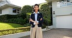 Happy, portrait and woman by house for real estate, about us and property development in neighborhood. Business, smile and person with crossed arms for realtor career, lease consultant and pride