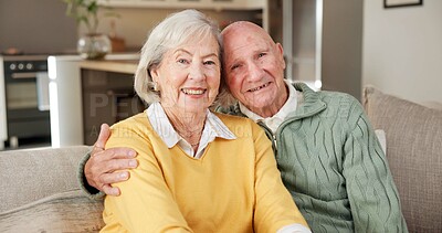Buy stock photo Portrait, hug and old couple on couch with love, smile and bonding together for retirement in home. Happy, married elderly people and embrace in house with soulmate relationship, care and wellness.