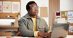Man, thinking and logistics with laptop in small business, online and stock distribution on website. Entrepreneur, reflection and black person with tech, supply chain and planning for goods delivery