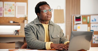 Buy stock photo Man, thinking and logistics with laptop in small business, online and stock distribution on website. Entrepreneur, reflection and black person with tech, supply chain and planning for goods delivery