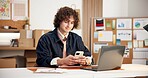 Logistics, small business and happy man with phone, chatting or delivery update on social media app. Texting, online and person with mobile, supply chain and communication with contact in startup