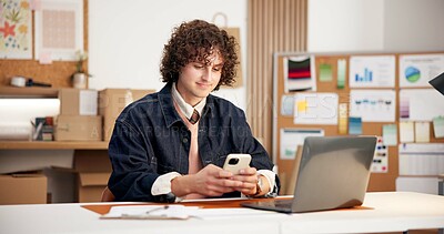 Buy stock photo Logistics, small business and happy man with phone, chatting or delivery update on social media app. Texting, online and person with mobile, supply chain and communication with contact in startup