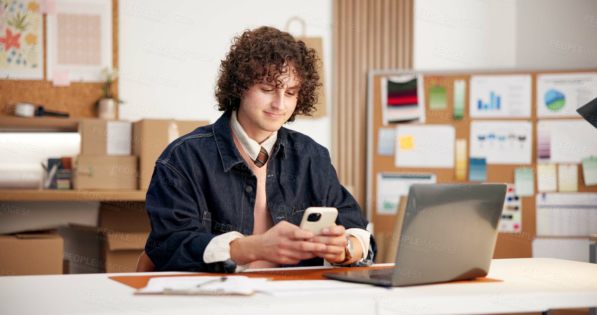 Buy stock photo Logistics, small business and happy man with phone, chatting or delivery update on social media app. Texting, online and person with mobile, supply chain and communication with contact in startup