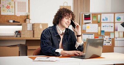 Buy stock photo Logistics, phone call and happy man with laptop in startup, ecommerce or communication with contact. Shipping, entrepreneur and person with mobile, talking and delivery update with tech in warehouse