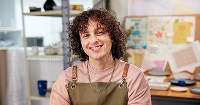 Buy stock photo Pottery, portrait and man in workshop for startup, production and small business for creative hobby. Happy, entrepreneur and person with pride for ceramic, clay and handicraft design in studio
