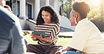 Smile, woman and students at campus with tablet, online research and study group for education. Happy, people and laugh at university with digital, exam preparation and academic course for learning
