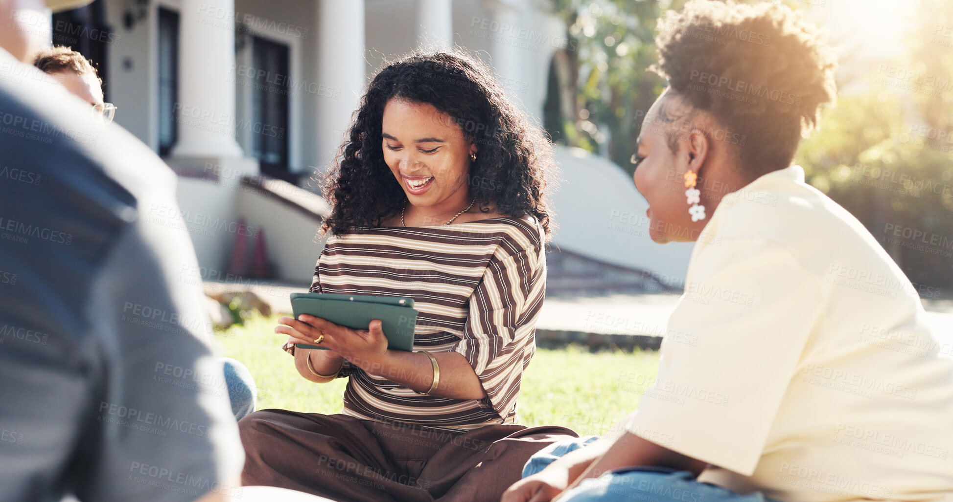 Buy stock photo Smile, woman and students at campus with tablet, online research and study group for education. Happy, people and laugh at university with digital, exam preparation and academic course for learning