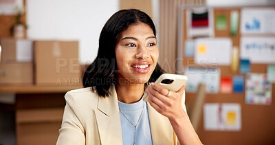 Buy stock photo Office, voice note and woman with phone for shipping, logistics and talking to supplier for update. Happy, distribution and person on cellphone for contact, message and recording for supply chain