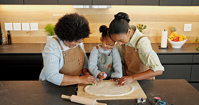 Buy stock photo Baking, dough and child with mom, grandma and rolling pin for pizza, recipe and learning together. Happy, family and black girl with mother, grandparent and help for ingredients, meal prep or bonding