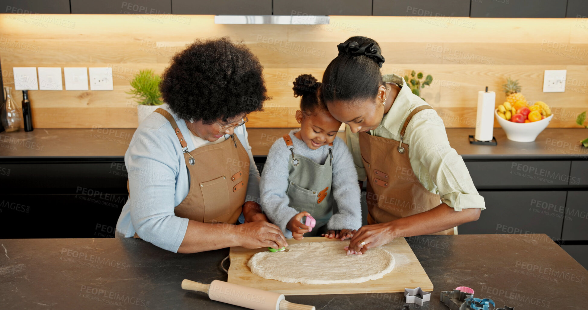 Buy stock photo Baking, dough and child with mom, grandma and rolling pin for pizza, recipe and learning together. Happy, family and black girl with mother, grandparent and help for ingredients, meal prep or bonding