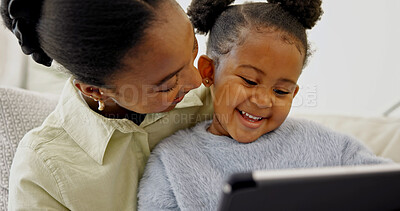 Buy stock photo Mom, love and child with tablet in home, laughing and watching cartoons with subscription in lounge. Family, bonding and black woman with daughter, happy and streaming movie with technology in house