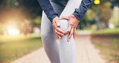 Buy stock photo Elderly, person and hands with knee pain in park for outdoor injury, accident or overworked strain. Active, senior or sore leg with joint inflammation for muscle tension, mistake or fall in nature