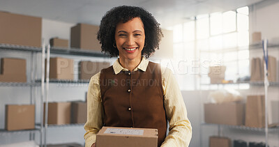 Buy stock photo Logistics, box or woman in office with portrait, freight operation or business owner in supply chain. Distribution, happy or mature entrepreneur with parcel, confidence or about us in courier startup