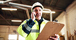 Carpentry, phone call and mature man with clipboard, inventory and talking to wood supplier. Construction, contractor and person on cellphone for woodworking, lumber production and communication