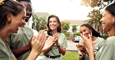Buy stock photo Happy, volunteer and applause with team, outdoor and laughing with fundraising success and charity. People, clapping and celebration for achievement, collaboration and social responsibility for NGO