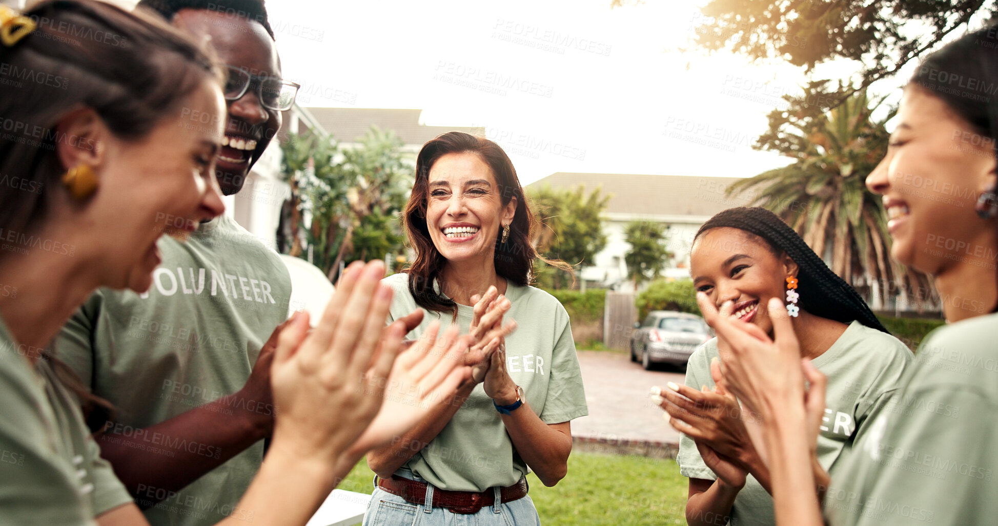 Buy stock photo Happy, volunteer and applause with team, outdoor and laughing with fundraising success and charity. People, clapping and celebration for achievement, collaboration and social responsibility for NGO