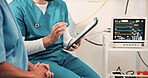 Nurse, patient and hands in clinic with tablet, review test results and medical research for advice. Healthcare worker, people and consultation in hospital with tech, planning treatment and checkup.