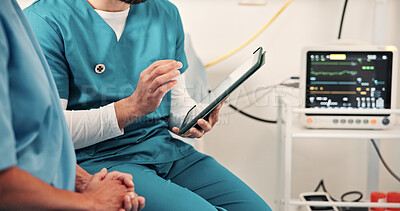 Buy stock photo Nurse, patient and hands in clinic with tablet, review test results and medical research for advice. Healthcare worker, people and consultation in hospital with tech, planning treatment and checkup.
