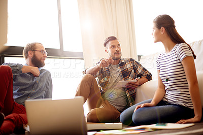 Buy stock photo Planning, brainstorming and business people in office, creative team and technology for online schedule. Group, cooperation and employees with app, design project and ideas for proposal and internet