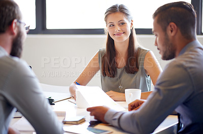 Buy stock photo Meeting, group and woman with smile, boardroom or planning for financial strategy, ideas and report. Corporate, business analyst and project for funding opportunity, people or teamwork for investment