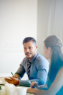 Buy stock photo Tablet, meeting and business people in office for finance review, budget planning and proposal. Professional team, discussion and workers with tech for collaboration, financial report and strategy