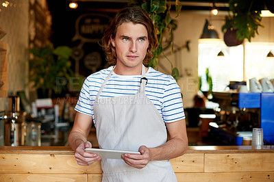 Buy stock photo Thinking, barista and tablet for coffee shop menu, online order or website in cafe or startup. Small business, man and waiter with technology for stock, inventory or price checklist for manager