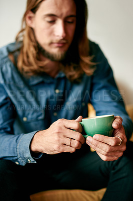 Buy stock photo Hands, man and relax with coffee at house for morning start, comfortable and peace for weekend break. Male person, thinking and rest beverage for reflection, drink espresso and satisfaction in lounge