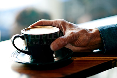 Buy stock photo Person, hands and cafe with coffee for morning beverage, breakfast or caffeine at restaurant. Closeup, tea cup or customer in store with warm latte, cappuccino or espresso for hospitality service