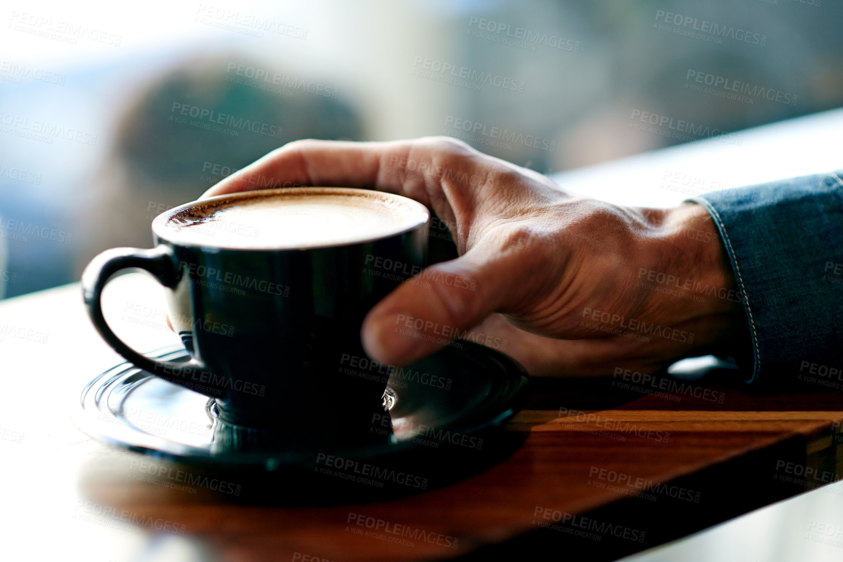 Buy stock photo Person, hands and cafe with coffee for morning beverage, breakfast or caffeine at restaurant. Closeup, tea cup or customer in store with warm latte, cappuccino or espresso for hospitality service
